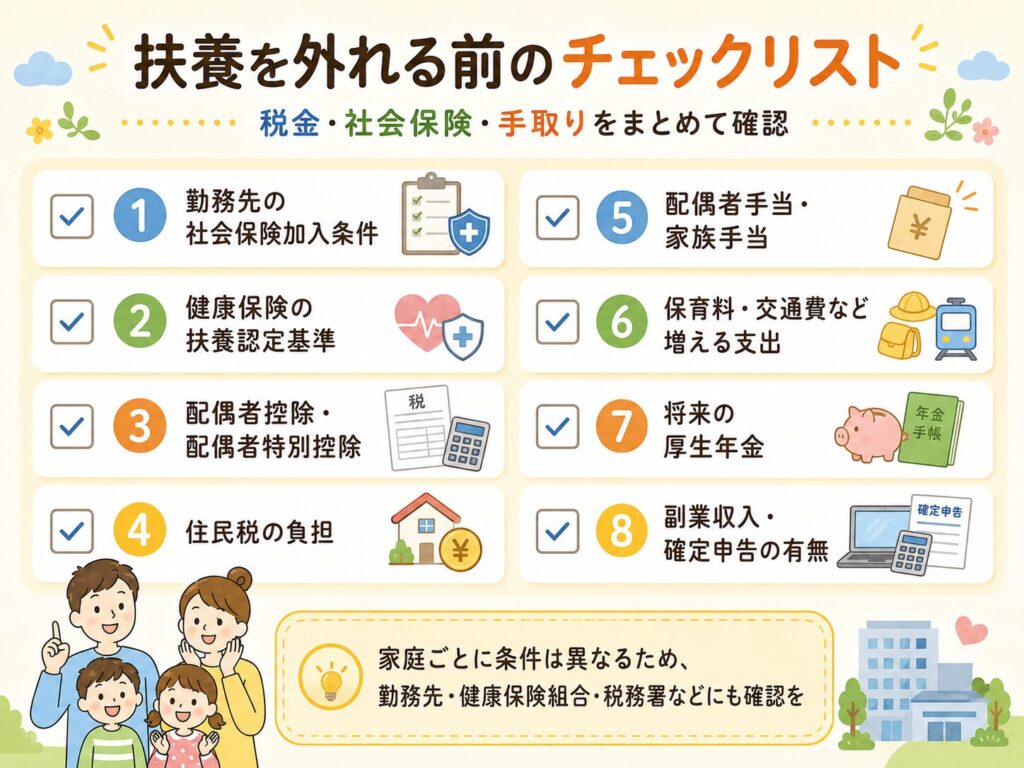 扶養を外れる前に確認したい項目として、社会保険加入条件・健康保険の扶養認定・配偶者控除・住民税・配偶者手当・増える支出・将来の厚生年金・副業収入や確定申告の有無を、家族のイラストと一緒に整理したチェックリスト画像