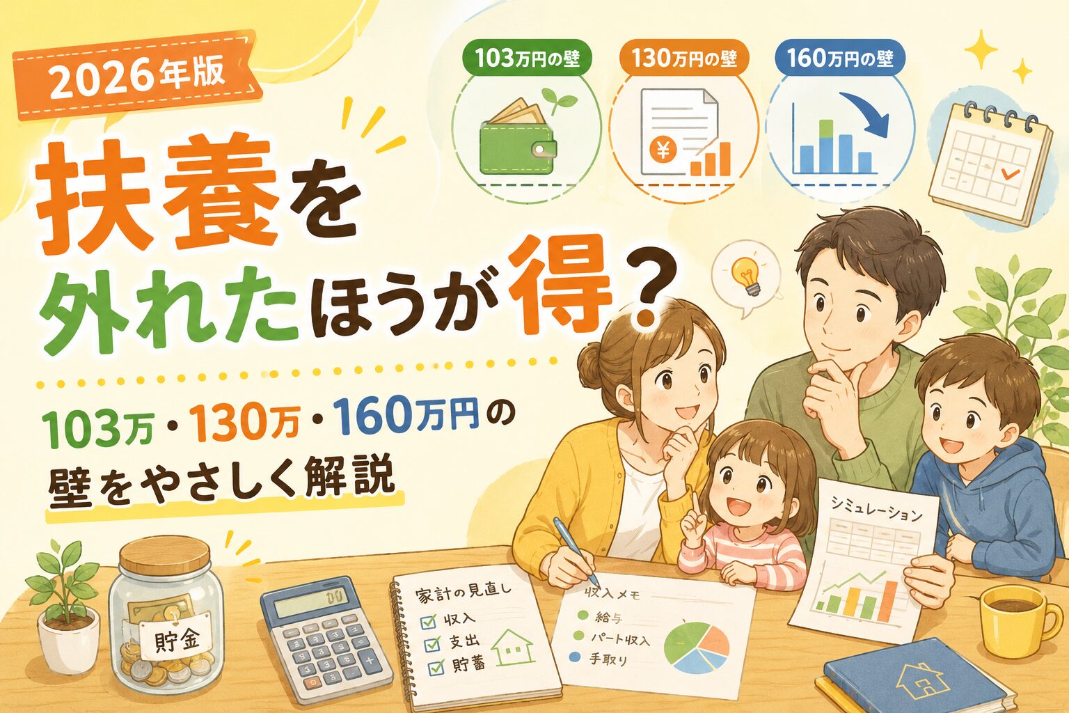 2026年版の扶養の壁について、103万円・130万円・160万円の目安を、家計を見直す家族や電卓・貯金・シミュレーション資料のイラストと一緒にわかりやすく表現したアイキャッチ画像