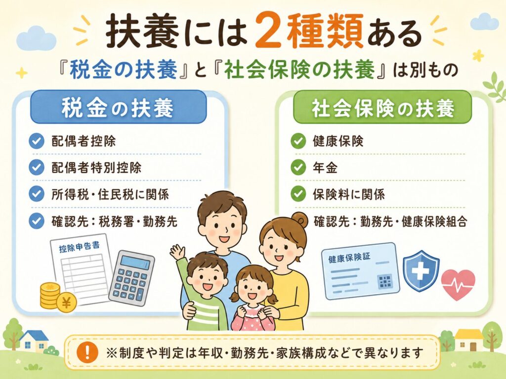 扶養には税金の扶養と社会保険の扶養の2種類があることを、配偶者控除・配偶者特別控除・健康保険・年金などの違いと家族のイラストでわかりやすく整理した図解画像