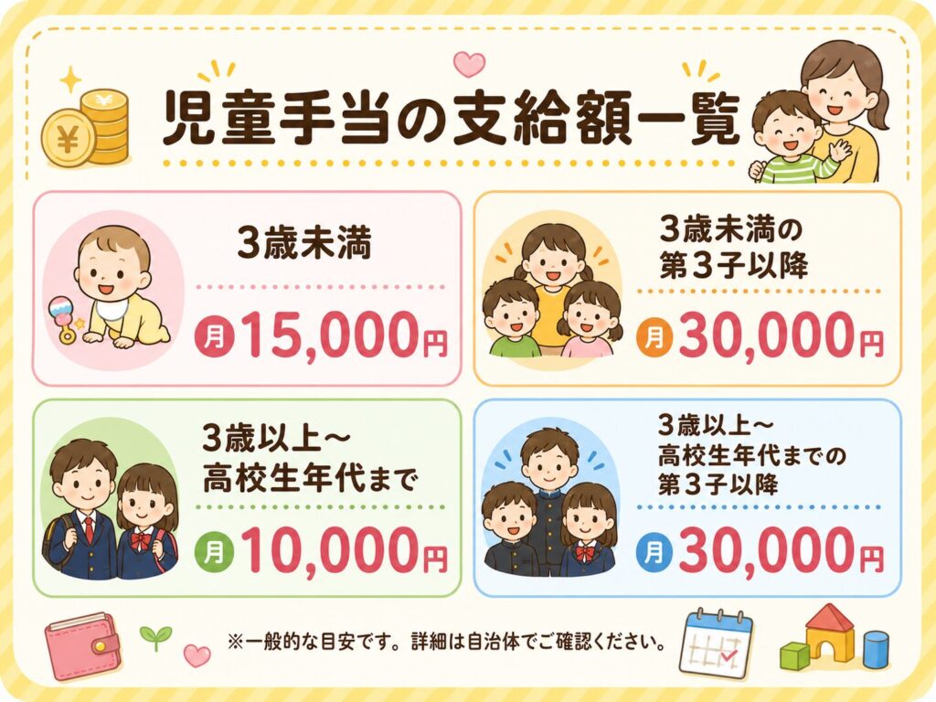 児童手当の支給額を、3歳未満・3歳以上から高校生年代まで・第3子以降の金額別に、親子や子どものイラストと一緒にわかりやすく整理した図解画像