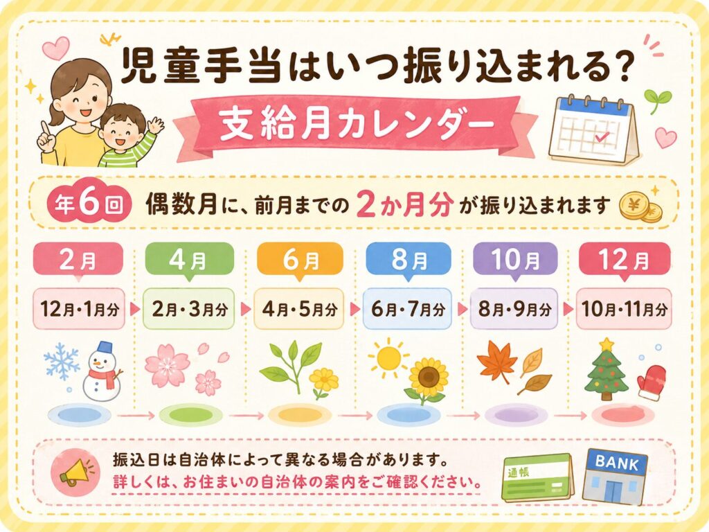 児童手当の支給月を、2月・4月・6月・8月・10月・12月の年6回に分けて、各支給月に前月までの2か月分が振り込まれる流れをカレンダー形式で整理した図解画像