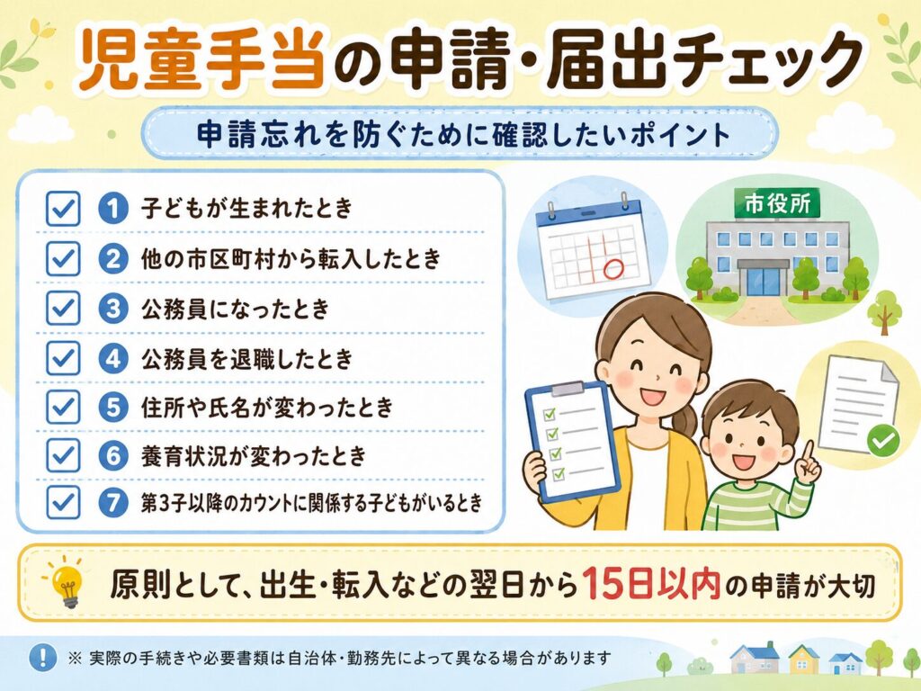 児童手当の申請や届出が必要になる場面を、出生・転入・公務員になったとき・退職したとき・住所や氏名の変更・養育状況の変更・第3子以降のカウント確認として整理したチェックリスト画像