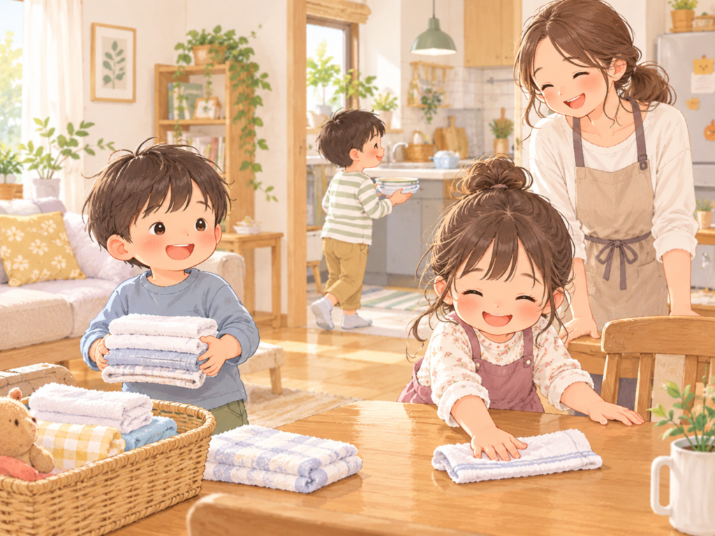 子どもたちがタオルたたみや食器運びなど、年齢に合った家事を家族と一緒に楽しんでいる様子
