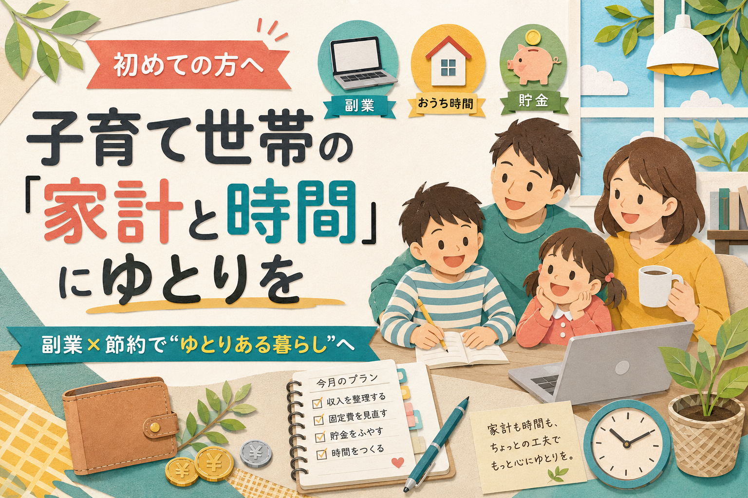 子育て世帯の家族と、家計・時間・副業・貯金を表現したペーパーカット風のアイキャッチ画像