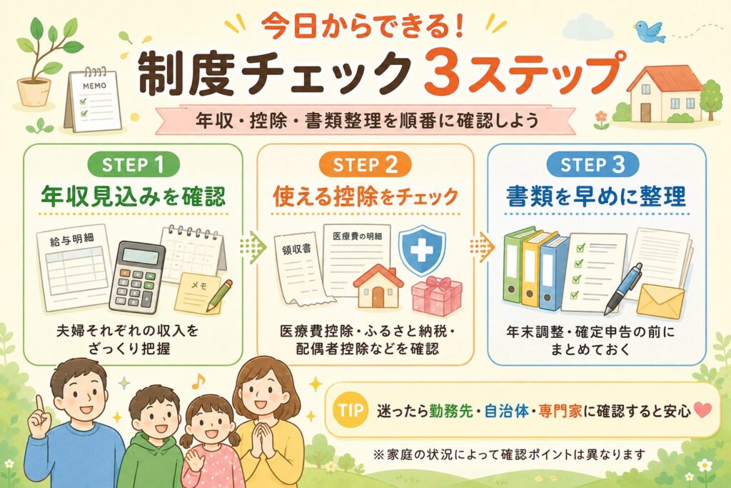 子育て世帯向けに、年収見込みの確認、使える控除のチェック、書類整理の3ステップを家族と書類・電卓・チェックリストのアイコンでわかりやすく整理した図解画像