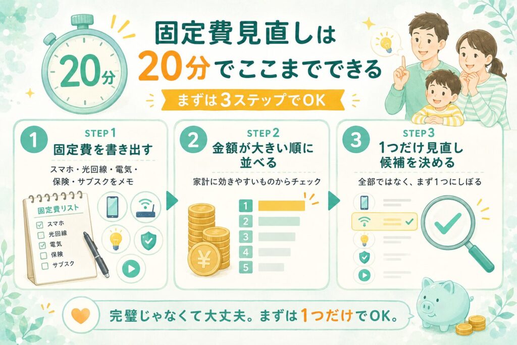 固定費見直しを20分で進める3ステップをまとめた図解。固定費を書き出す、金額が大きい順に並べる、1つだけ見直し候補を決める流れをやさしく示している