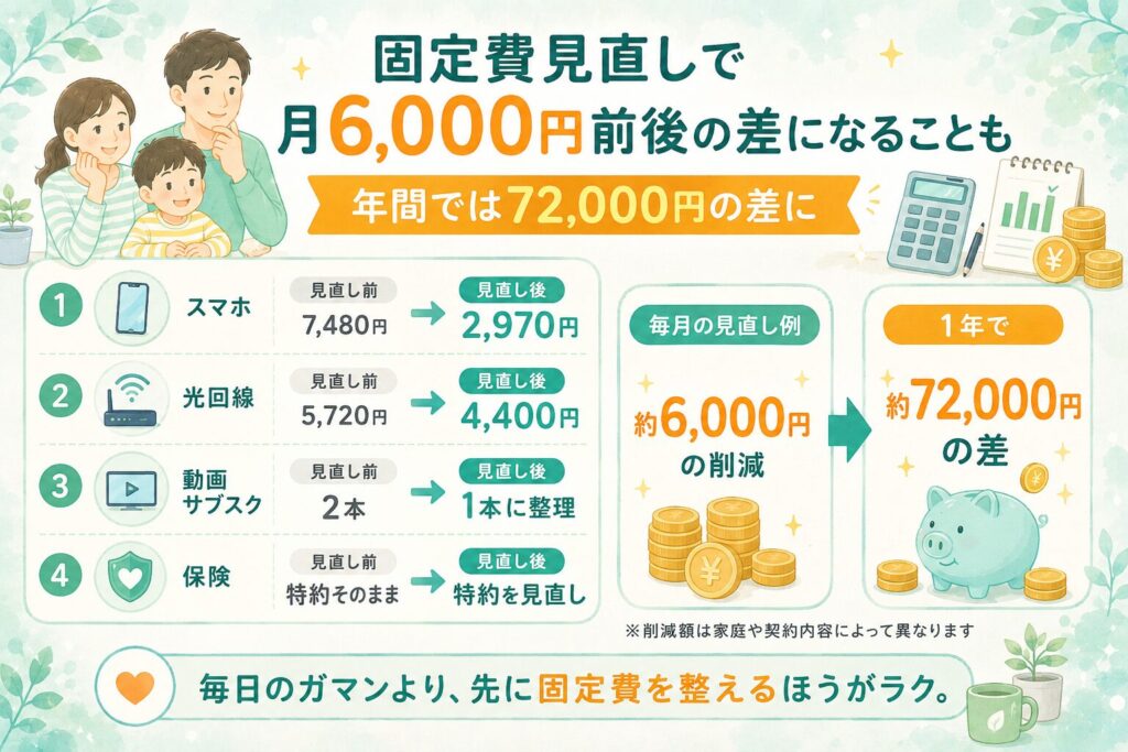 固定費見直しで月6,000円前後、年間約72,000円の差になる可能性を示した図解。スマホ代、光回線、動画サブスク、保険の見直し例を比較している