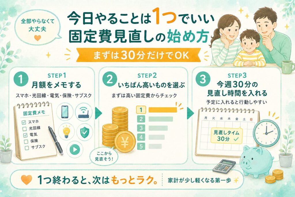固定費見直しの始め方を3ステップで示した図解。月額をメモし、いちばん高い固定費を選び、今週30分の見直し時間を入れる流れを家族向けにわかりやすく表している