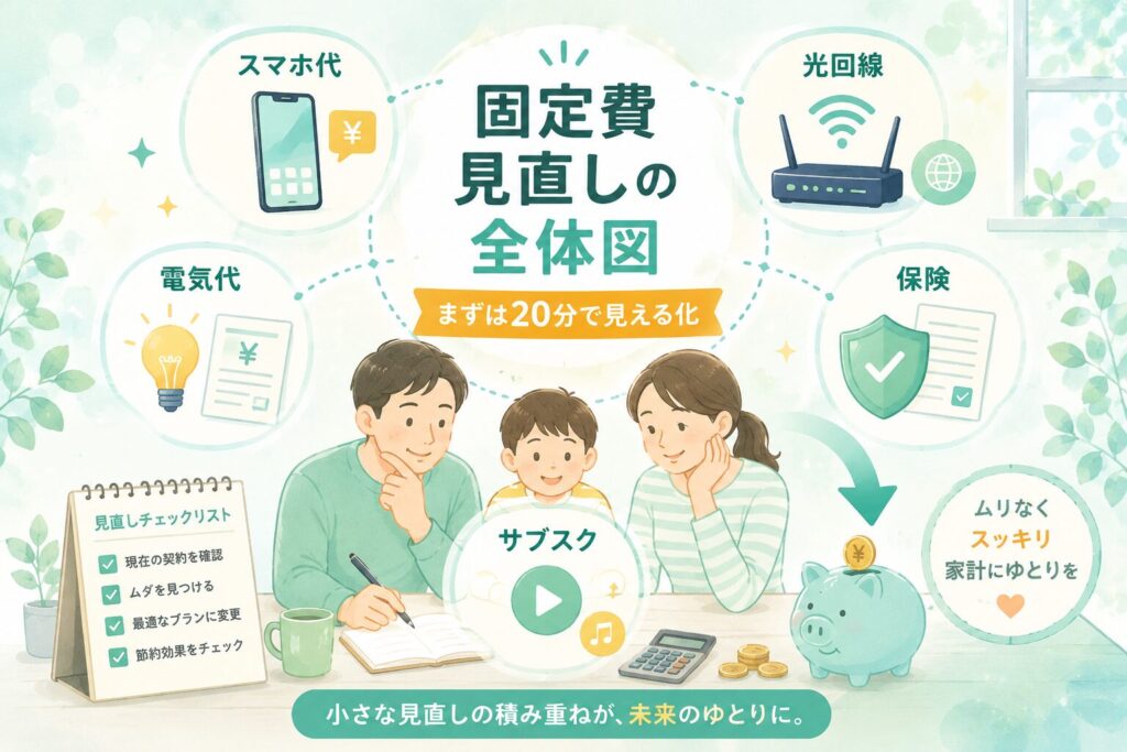 固定費見直しの全体図を示した家計管理イメージ。スマホ代、光回線、電気代、保険、サブスクを家族で見直している図解