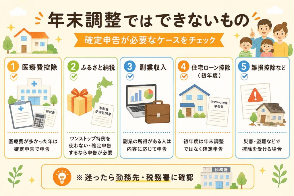 年末調整ではできない手続きとして、医療費控除・ふるさと納税・副業収入・住宅ローン控除の初年度・雑損控除などを、確定申告が必要なケースとしてわかりやすく整理した図解画像