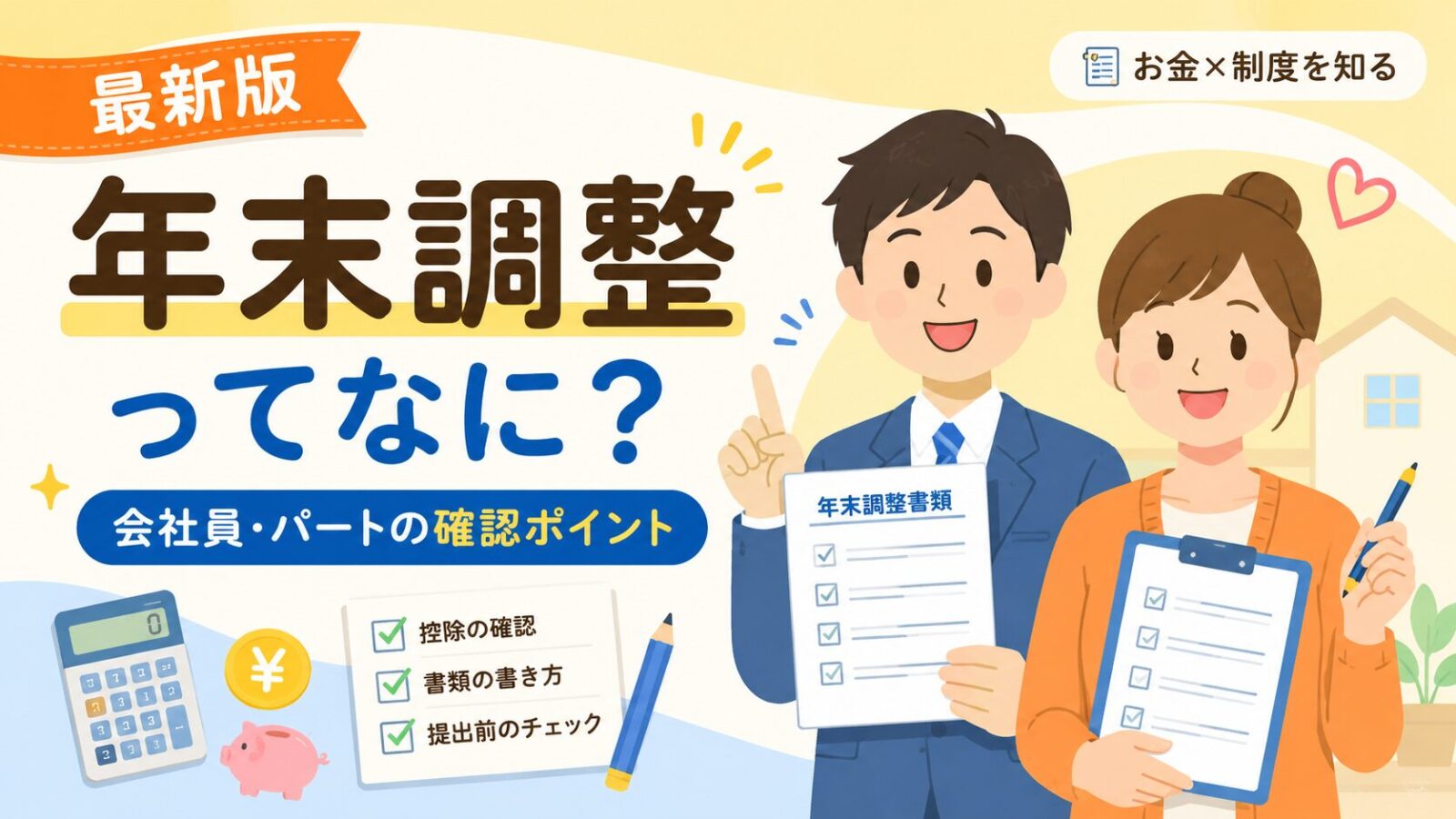 年末調整の確認ポイントを、会社員とパートの人物イラスト、年末調整書類、チェックリスト、電卓、お金のアイコンと一緒にわかりやすく表現したアイキャッチ画像