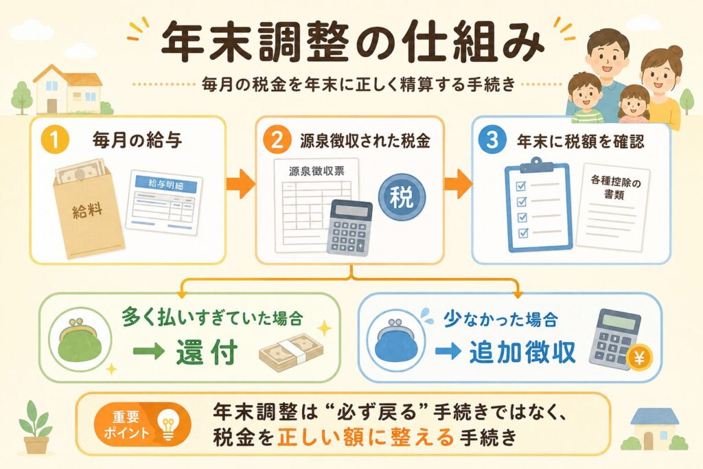 年末調整の仕組みを、毎月の給与から源泉徴収された税金を年末に確認し、多く払いすぎていた場合は還付、少なかった場合は追加徴収になる流れとして整理した図解画像