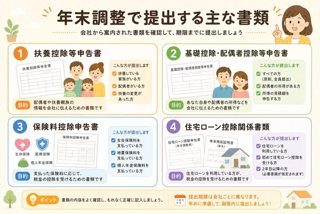 年末調整で提出する主な書類として、扶養控除等申告書・基礎控除や配偶者控除等申告書・保険料控除申告書・住宅ローン控除関係書類を、目的や提出対象とあわせて整理した図解画像