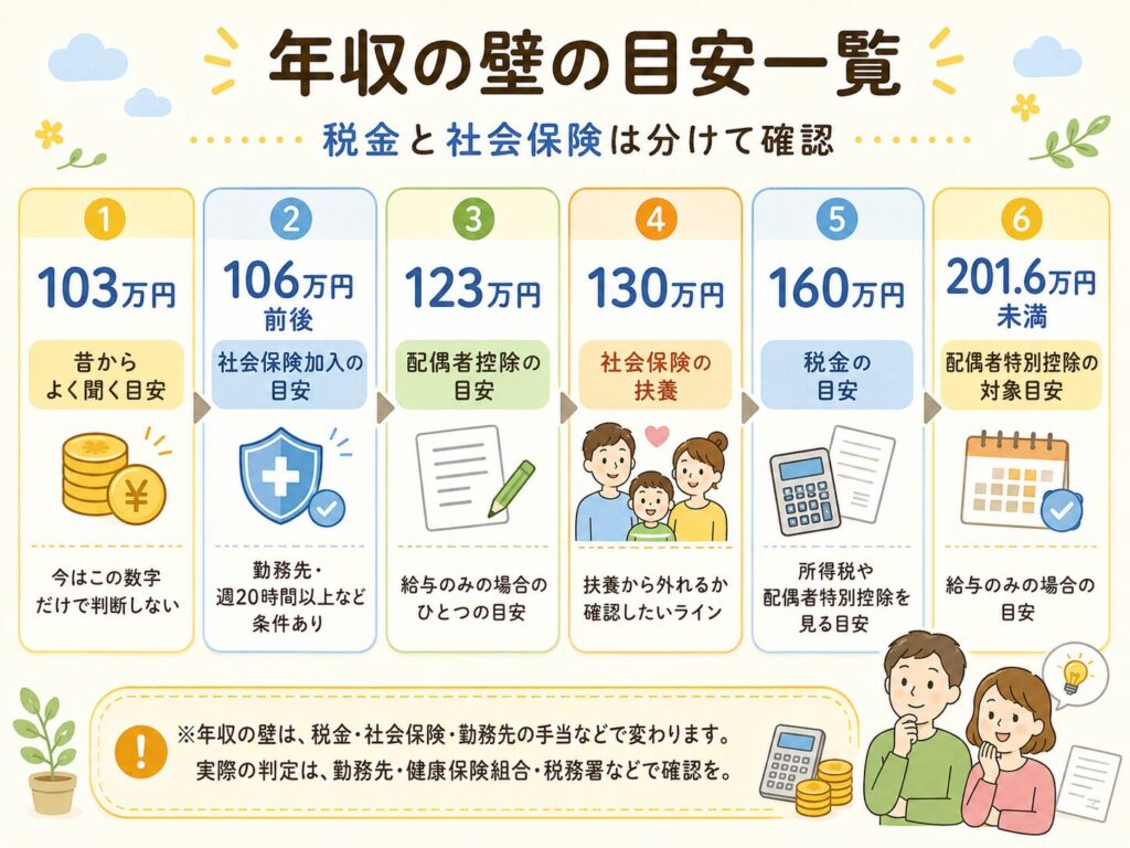 103万円・106万円・123万円・130万円・160万円・201.6万円未満の年収の壁を、税金と社会保険の違いに分けて、家族や電卓・書類・保険のイラストと一緒にわかりやすく整理した図解画像