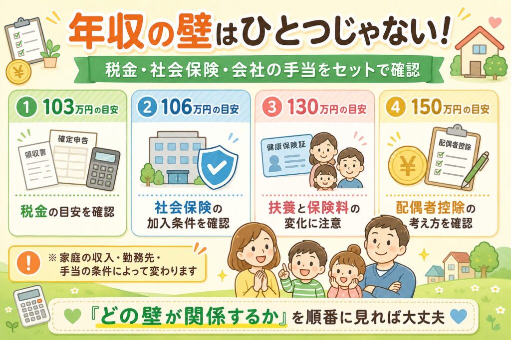 年収の壁はひとつではないことを、103万円・106万円・130万円・150万円の目安ごとに整理し、家族と税金・社会保険・手当の確認ポイントを配置した子育て世帯向けの図解画像