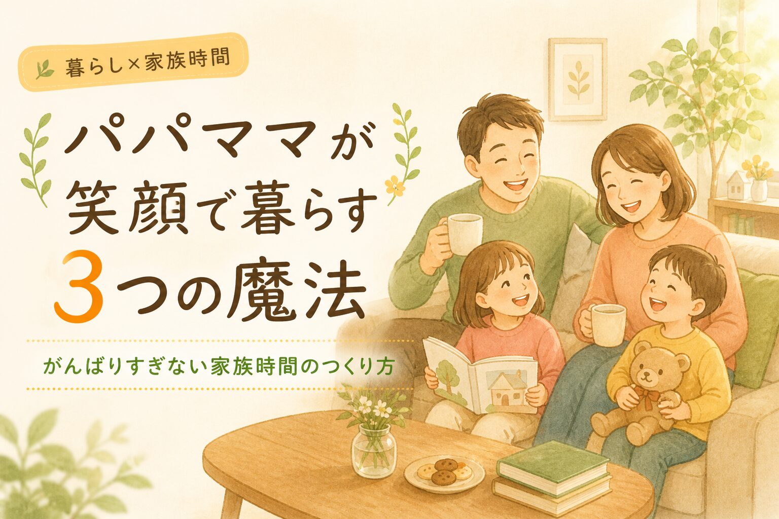 パパママと子ども2人が笑顔でくつろぐ、がんばりすぎない家族時間をテーマにしたアイキャッチ画像