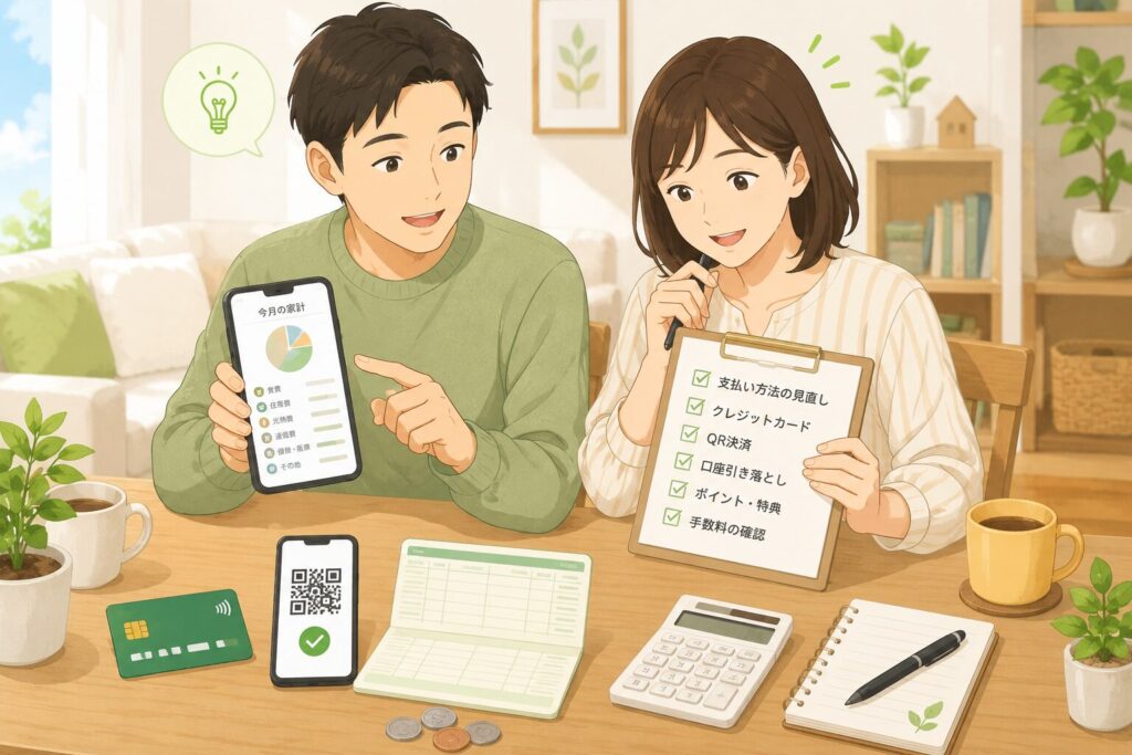 スマホの家計画面とチェックリストを見ながら、夫婦が支払い方法や家計管理を確認している様子