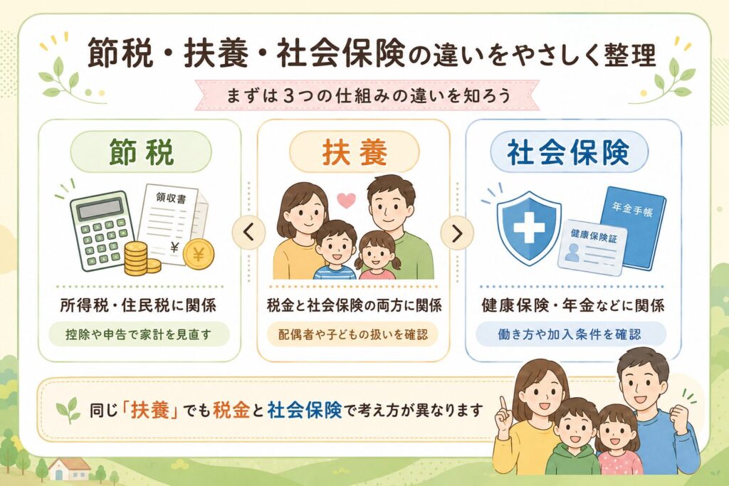 節税・扶養・社会保険の違いを3つのカードで整理し、家族と家計・保険・手続きのアイコンを配置した子育て世帯向けの図解画像
