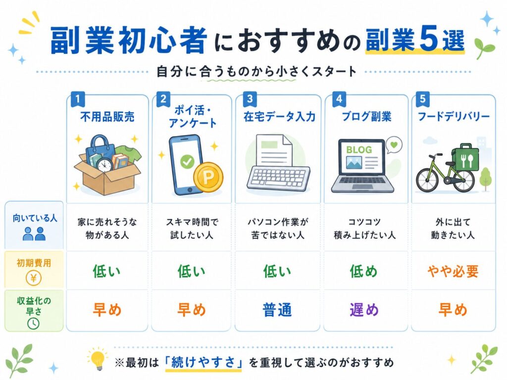 副業初心者におすすめの副業5選として、不用品販売・ポイ活・在宅データ入力・ブログ副業・フードデリバリーを比較した図解画像