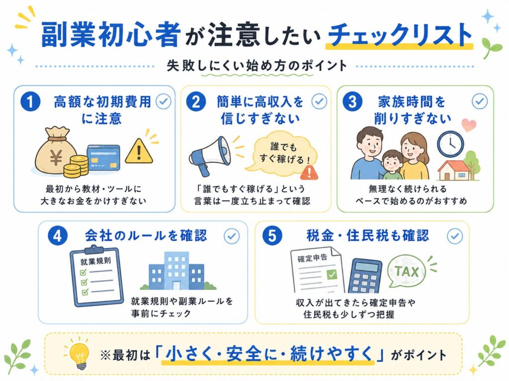 副業初心者が注意したいポイントを、高額な初期費用・高収入のうたい文句・家族時間・会社のルール・税金の5項目でまとめたチェックリスト画像