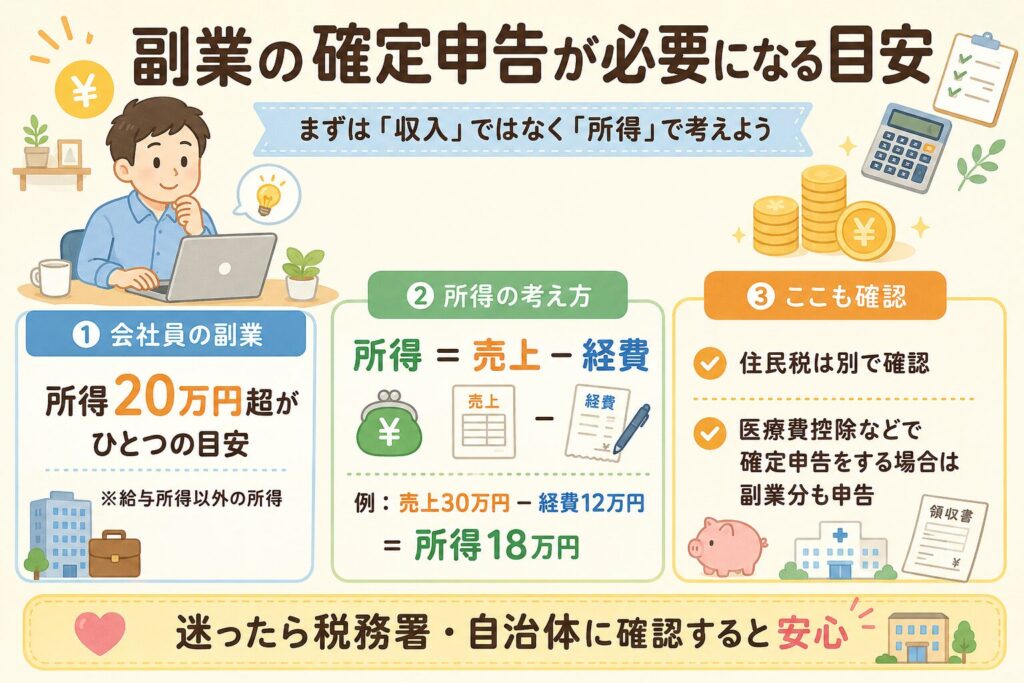 副業の確定申告が必要になる目安を、所得20万円超・所得の計算方法・住民税や医療費控除の確認ポイントとあわせて整理した図解画像