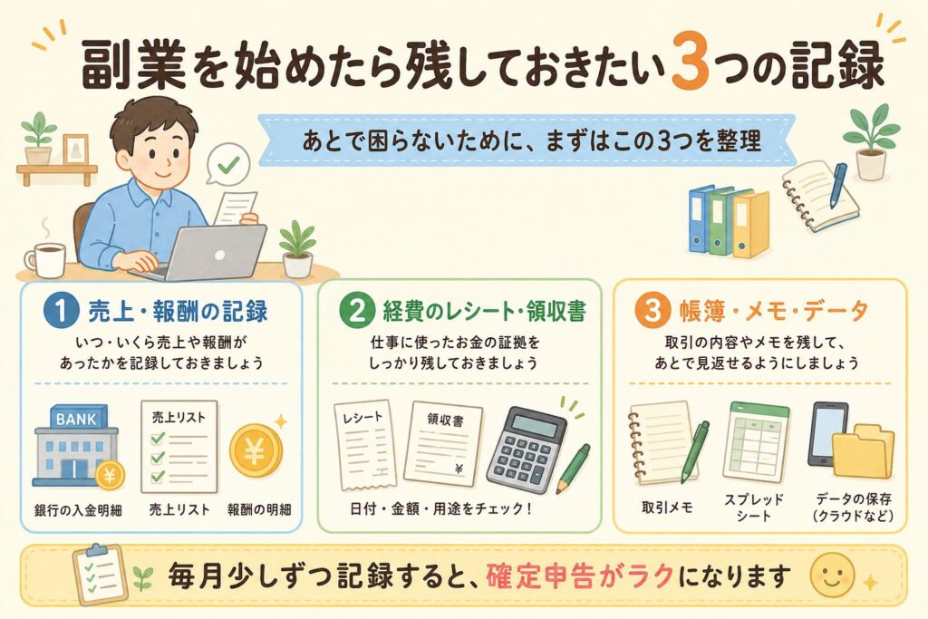 副業を始めた人向けに、売上・報酬の記録、経費のレシート・領収書、帳簿・メモ・データの3つをイラスト付きで整理した図解画像