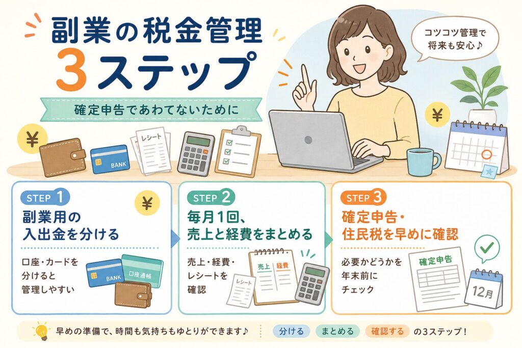 副業の税金管理を3ステップで整理し、副業用の入出金の分け方、毎月の売上・経費の確認、確定申告と住民税の早めの確認をイラスト付きで解説した図解画像
