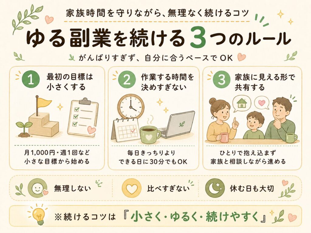 家族時間を守りながら無理なく続けるための、ゆる副業3つのルールをまとめた図解画像。最初の目標を小さくする、作業時間を決めすぎない、家族に共有するポイントを紹介している