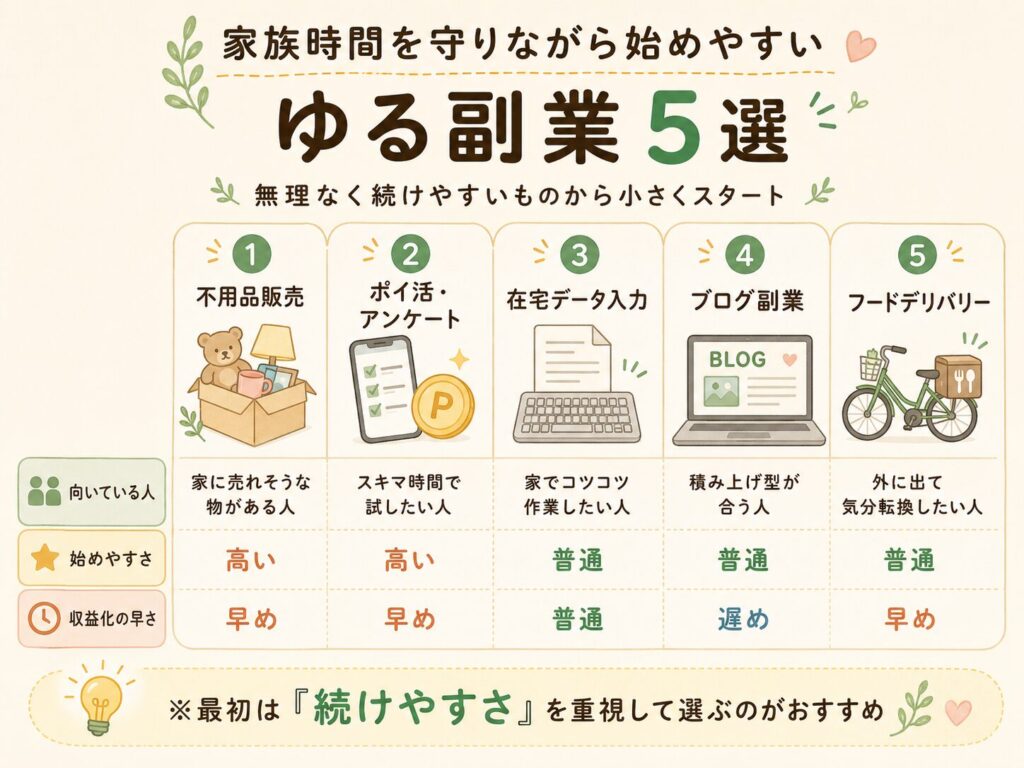 家族時間を守りながら始めやすいゆる副業5選として、不用品販売・ポイ活・在宅データ入力・ブログ副業・フードデリバリーを比較した図解画像