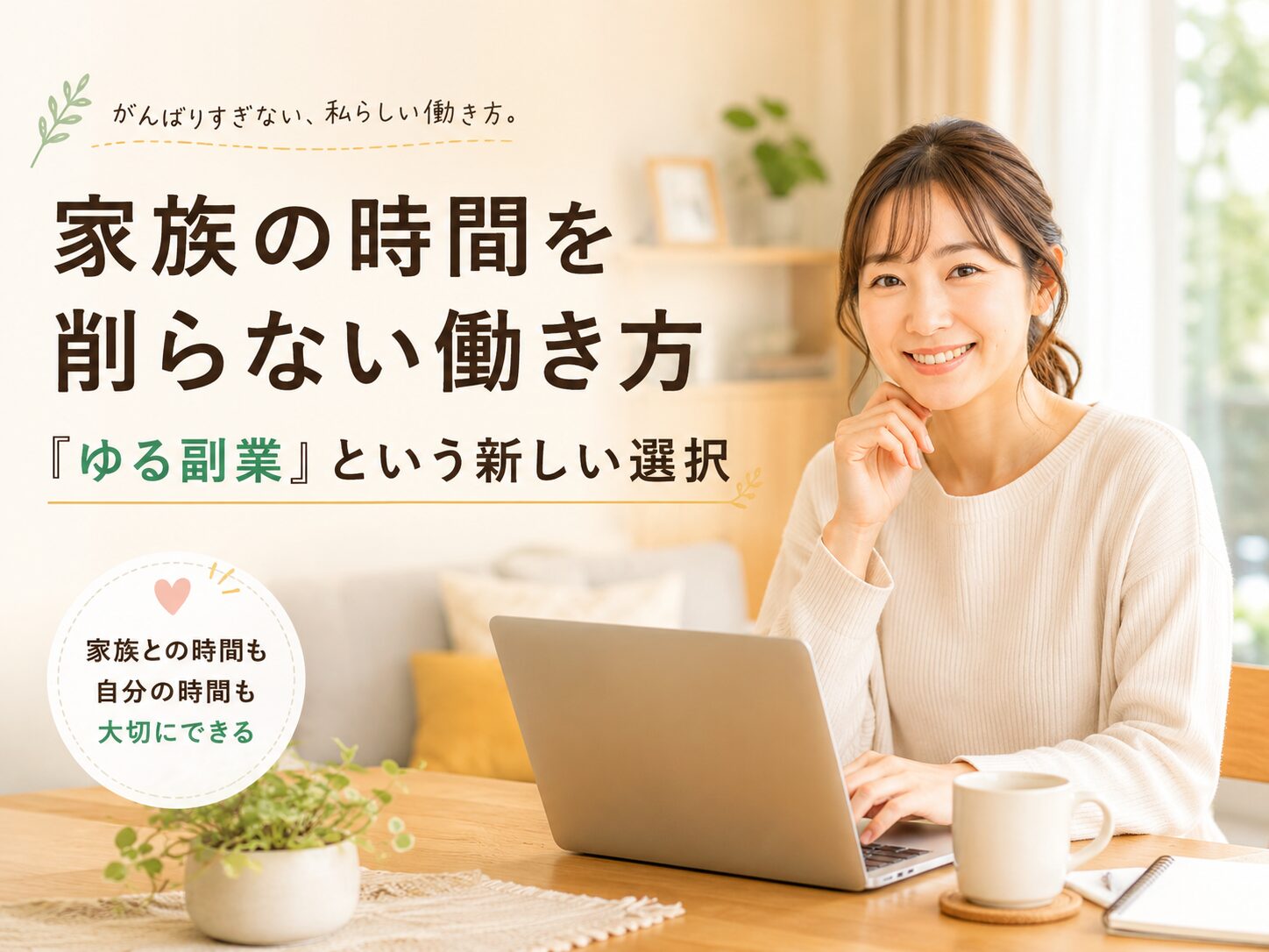 家族の時間を削らない働き方という文字と、明るいリビングでノートパソコンに向かって笑顔で作業する女性のアイキャッチ画像