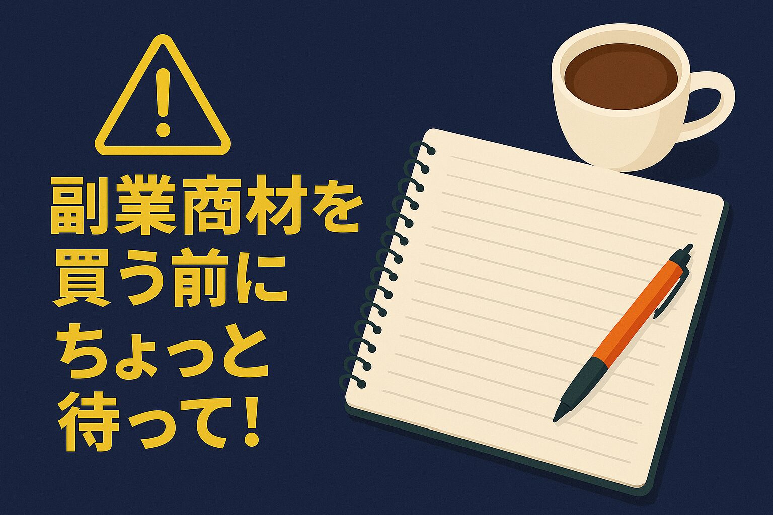 「ネイビーの背景に、黄色の警告アイコンと『副業商材を買う前にちょっと待って！』という大きな文字が配置されたイラスト。右側には白いコーヒーカップと、横罫ノート、オレンジのペンが置かれている落ち着いた構図。」