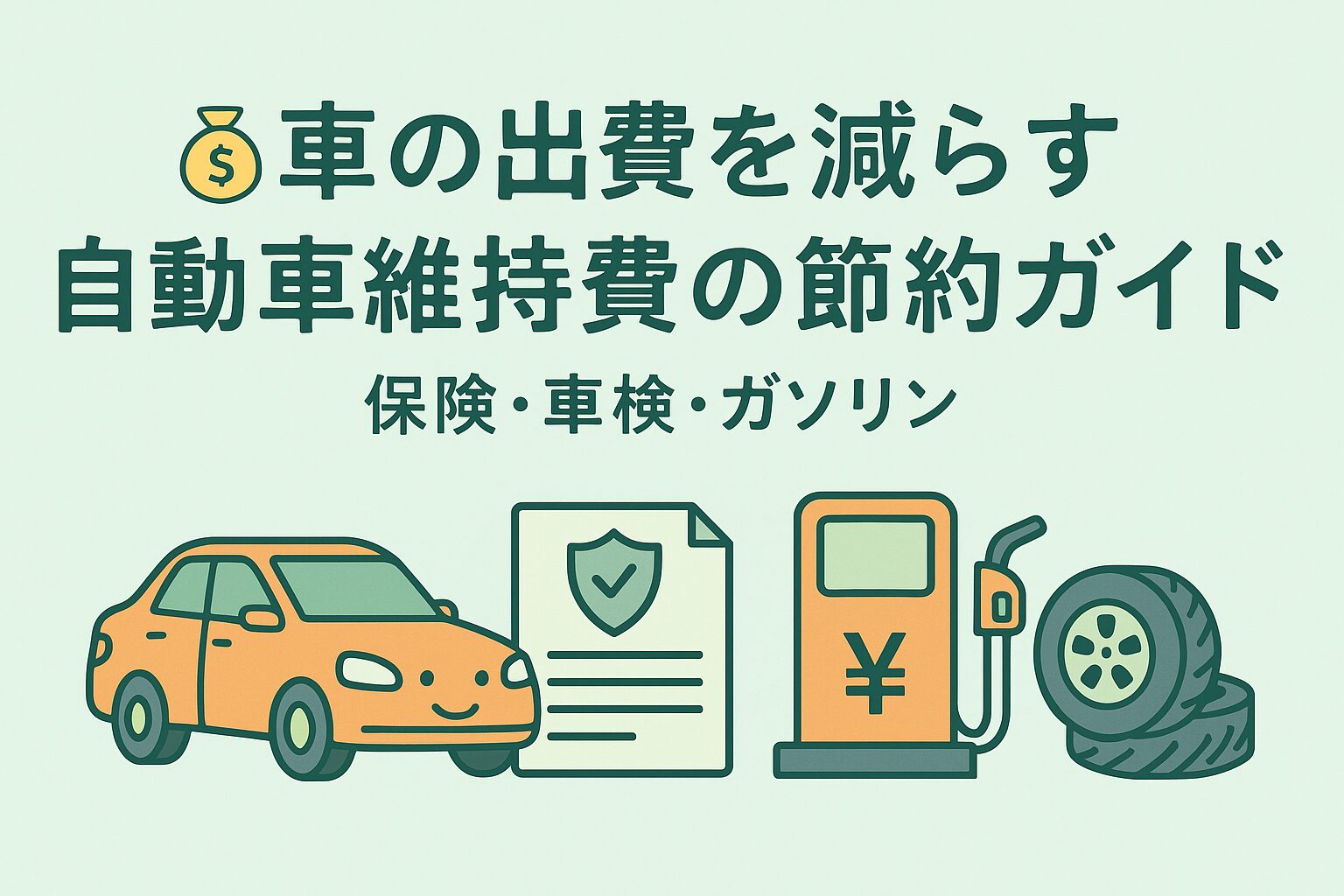 「車の出費を減らす自動車維持費の節約ガイド」と書かれた見出しと、車・保険証書・ガソリンスタンド・タイヤのイラストが並ぶ、薄いミントグリーン背景のアイキャッチ画像。