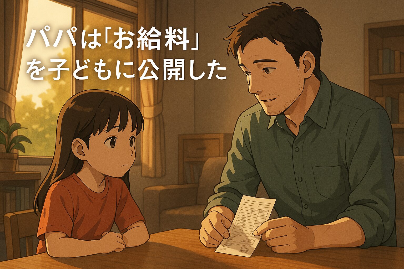 夕方の柔らかい光の中で、父親が子どもにお給料の明細を見せながら優しく話しているアニメ風イラスト