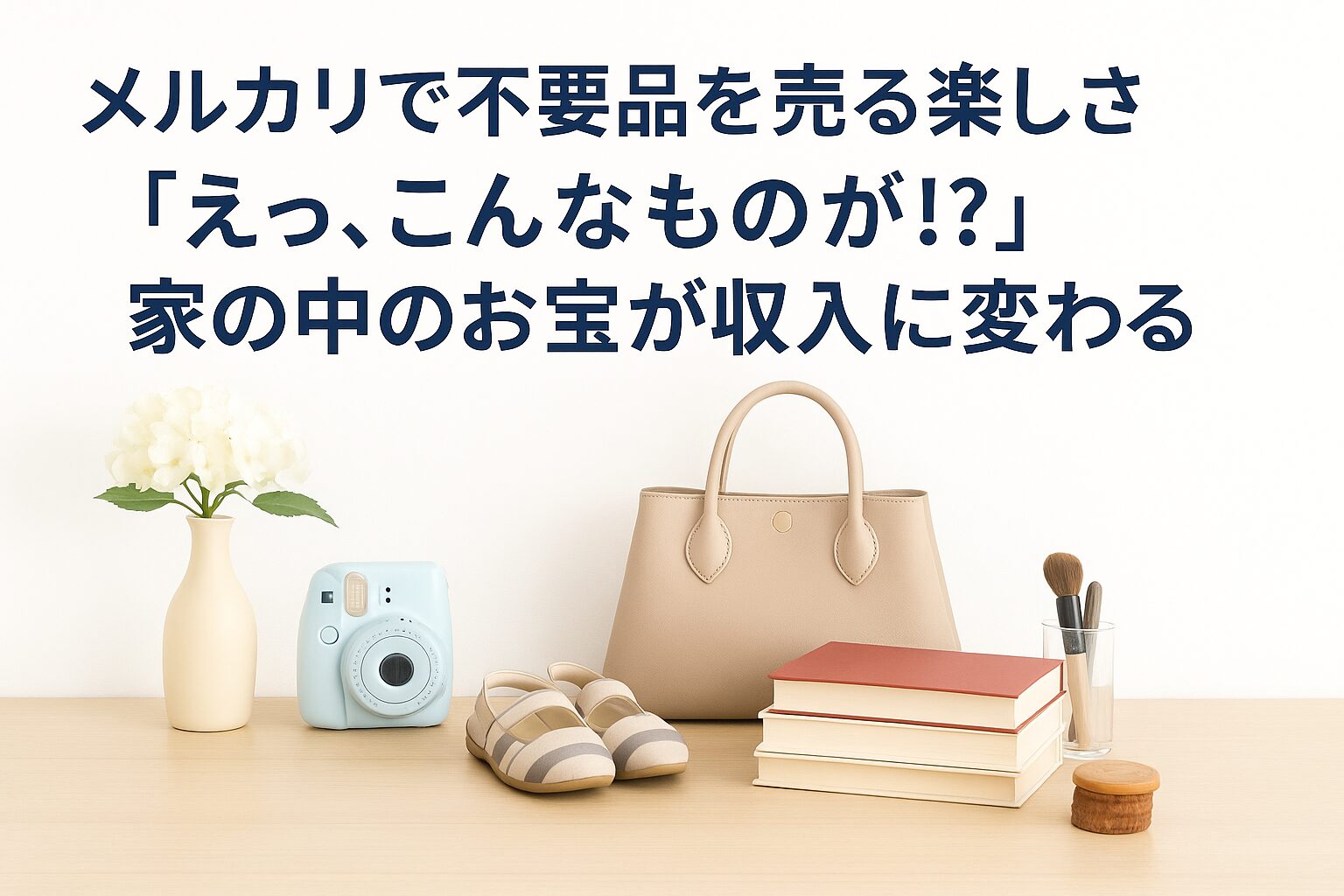 明るい木のテーブルにベージュのバッグやカメラ、本、花瓶などが並ぶ。ナチュラルで温かみのある雰囲気の中に「メルカリで不要品を売る楽しさ『えっ、こんなものが!?』家の中のお宝が収入に変わる」という文字。