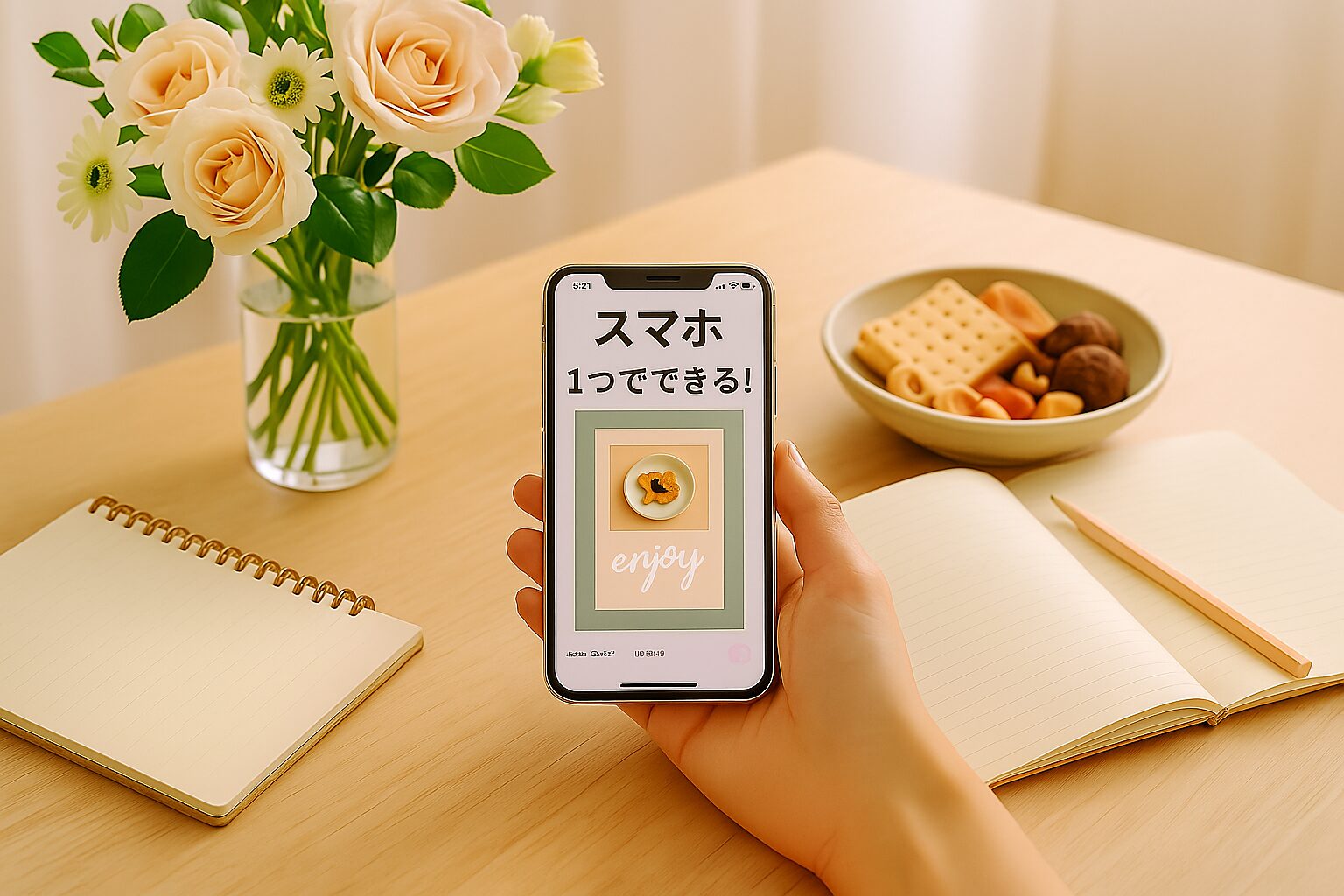 スマートフォンを手に、Canvaで「enjoy」と書かれたデザインを作成している様子。テーブルには花とノート、クッキーとナッツの皿が並ぶナチュラルで温かみのある作業風景。