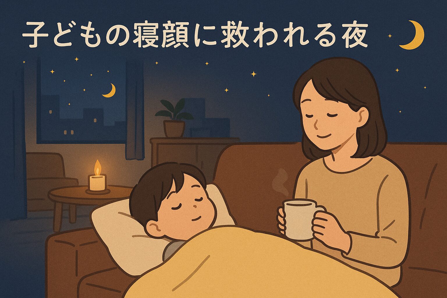 「子どもの寝顔を見ながら静かな夜にひと息つく母親のイラスト。やさしい灯りの中で“がんばる自分”をねぎらう雰囲気の横長アイキャッチ画像」