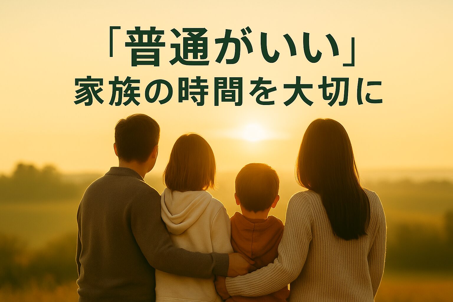 夕暮れの光に包まれながら並んで立つ家族の後ろ姿。「普通がいい 家族の時間を大切に」というメッセージが添えられた温かい写真。