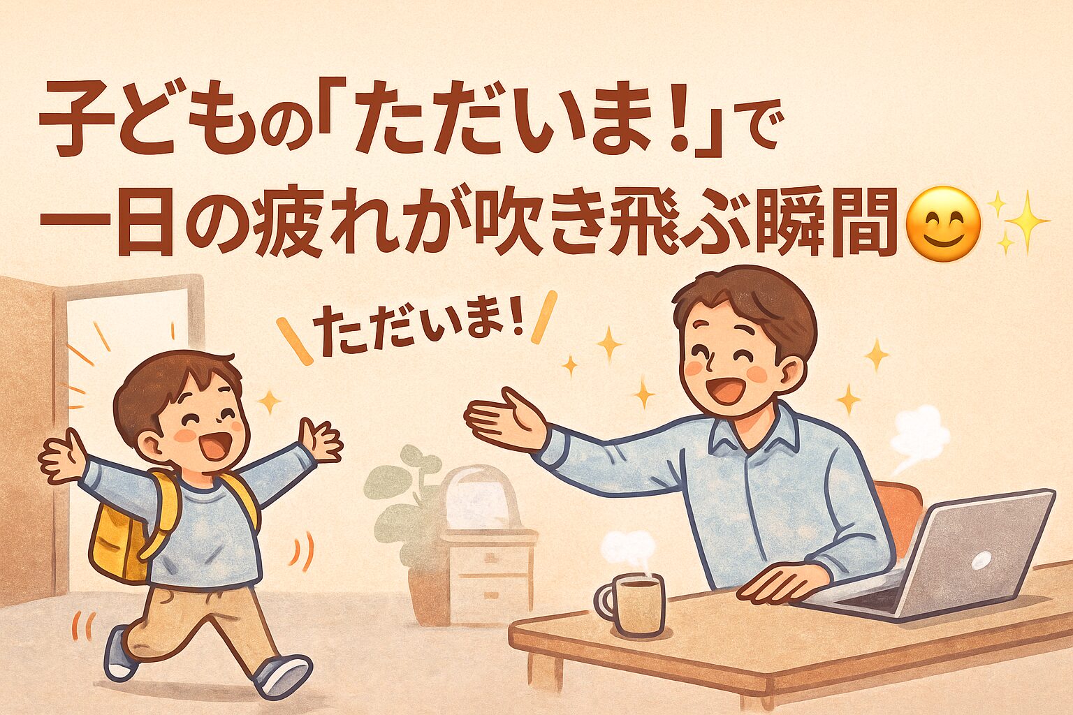 在宅ワーク中の父が、帰宅した子どもの「ただいま！」で笑顔になる温かい瞬間のイラスト