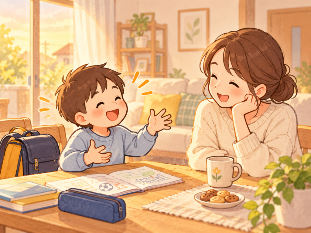 学校から帰った子どもが今日あった出来事を楽しそうに話し、親が夕暮れのリビングで笑顔で聞いている様子