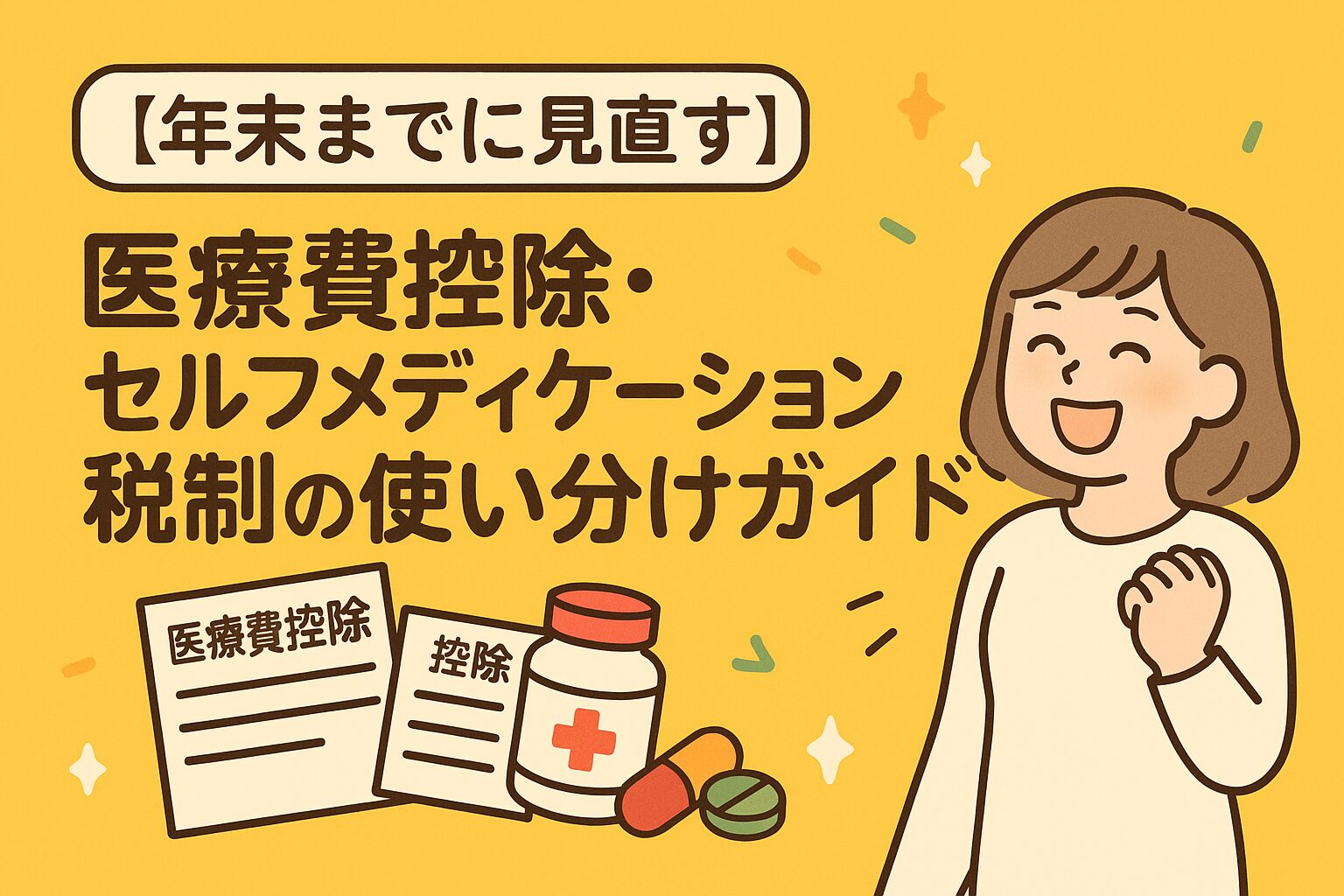年末に医療費控除とセルフメディケーション税制を見直す女性のイラスト。書類と薬の瓶が描かれた温かい黄色背景のデザイン。