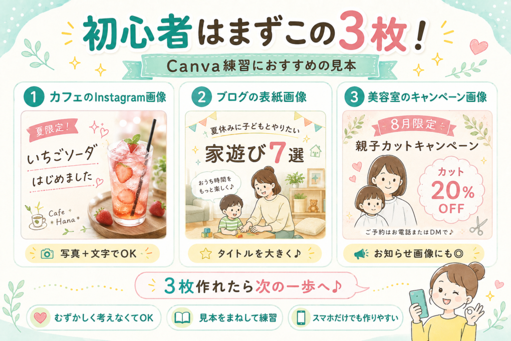 Canva初心者向けに、カフェのInstagram画像・ブログの表紙画像・美容室のキャンペーン画像の3つの練習例をまとめた図解