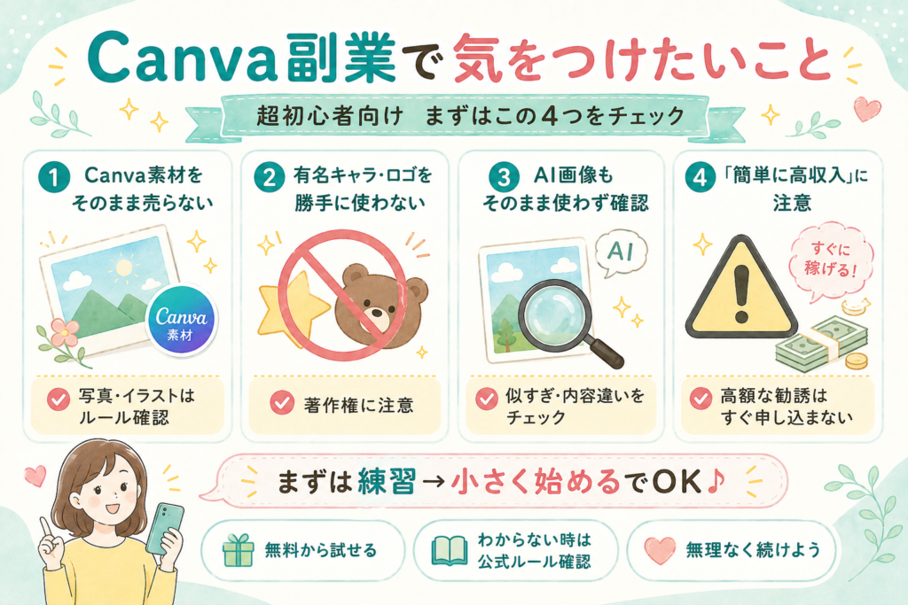 Canva副業を始める初心者向けに、Canva素材の使い方・有名キャラクターやロゴ・AI画像・高収入をうたう勧誘の注意点を4つにまとめた図解