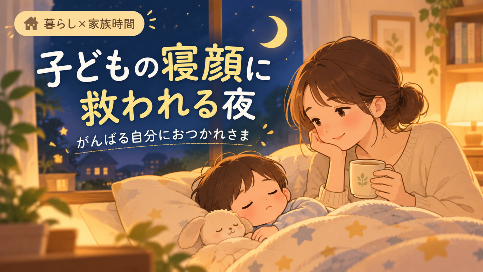眠っている子どもの寝顔を見ながら、温かい飲み物を手に親が静かな夜を過ごしている様子