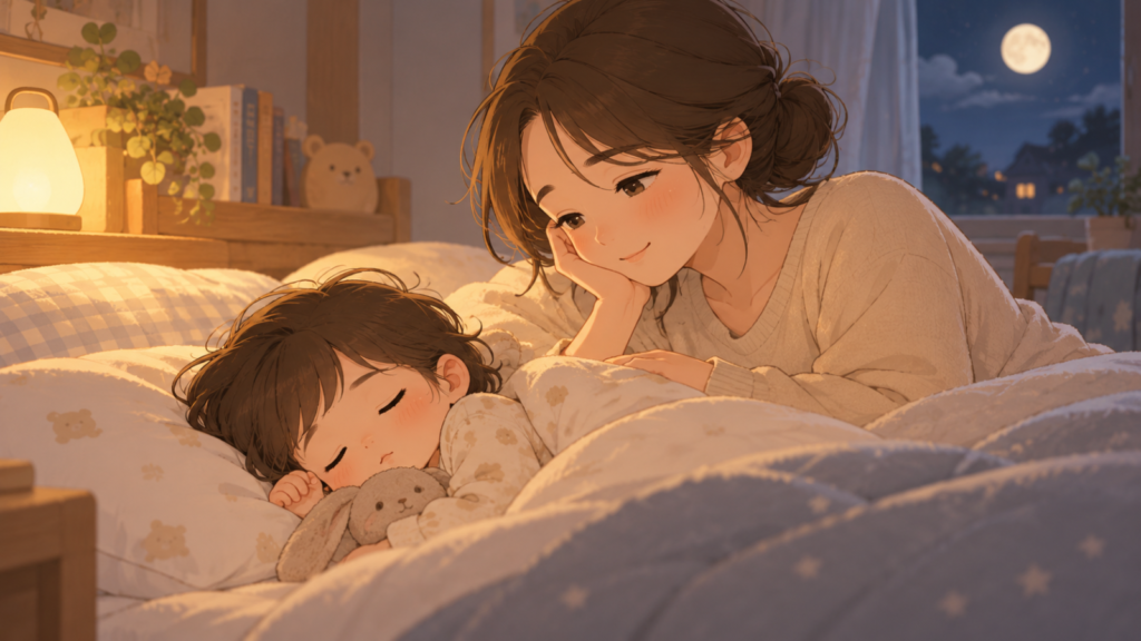 月明かりの静かな寝室で、眠る子どもの寝顔を母親がやさしく見守っている様子