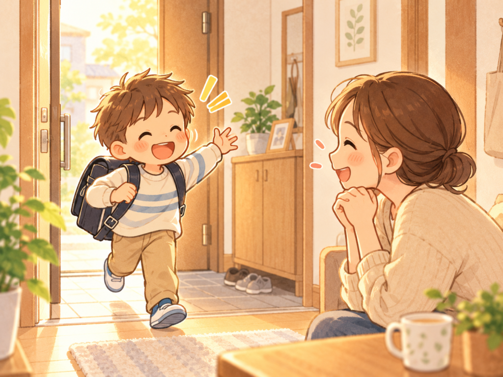 学校から帰宅した子どもが笑顔で「ただいま」と玄関に入り、親がうれしそうに迎えている温かな家族の様子