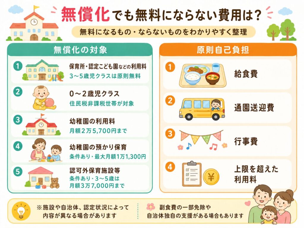 幼児教育・保育の無償化について、無料になる費用と原則自己負担になる費用を比較した図解画像。保育所・認定こども園、幼稚園、預かり保育、認可外保育施設の対象条件と、給食費・通園送迎費・行事費・上限を超えた利用料を整理。
