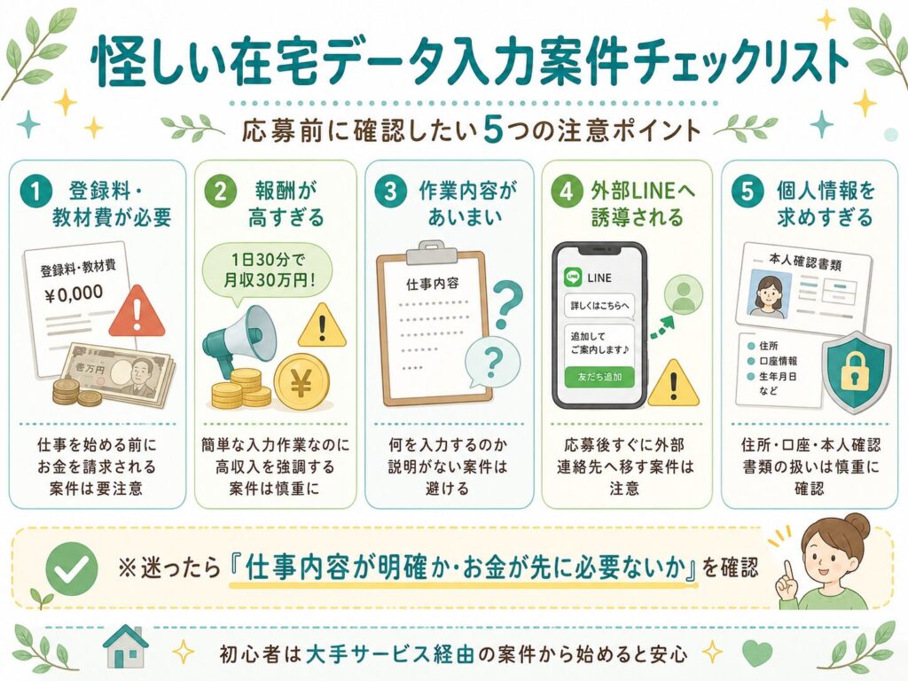 怪しい在宅データ入力案件の注意点として、登録料や教材費が必要・報酬が高すぎる・作業内容があいまい・外部LINEへ誘導される・個人情報を求めすぎる案件をまとめたチェックリスト画像