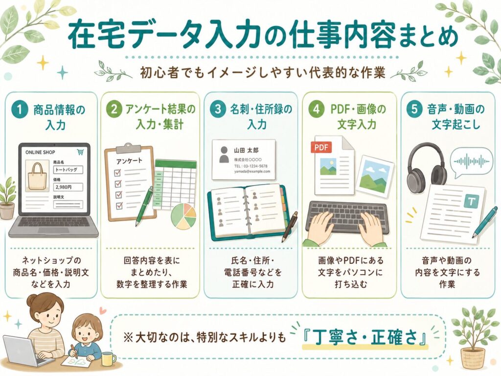 在宅データ入力の仕事内容として、商品情報の入力・アンケート結果の入力集計・名刺住所録の入力・PDF画像の文字入力・音声動画の文字起こしをまとめた図解画像