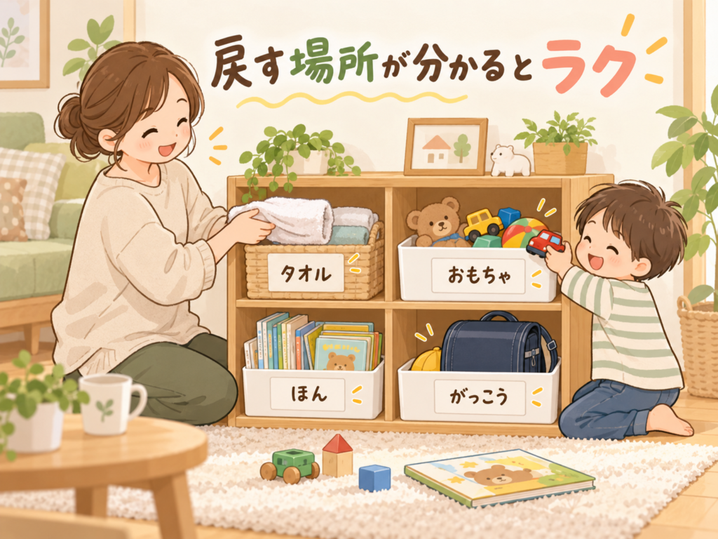 タオル・おもちゃ・本・学校用品をラベル付きボックスに分け、親子で戻す場所を分かりやすくしている収納の様子
