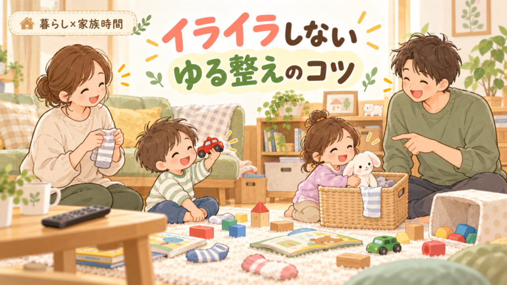 家族4人がリビングでおもちゃや本、衣類をざっくり片づけながら、イライラせずにゆるく整えている様子